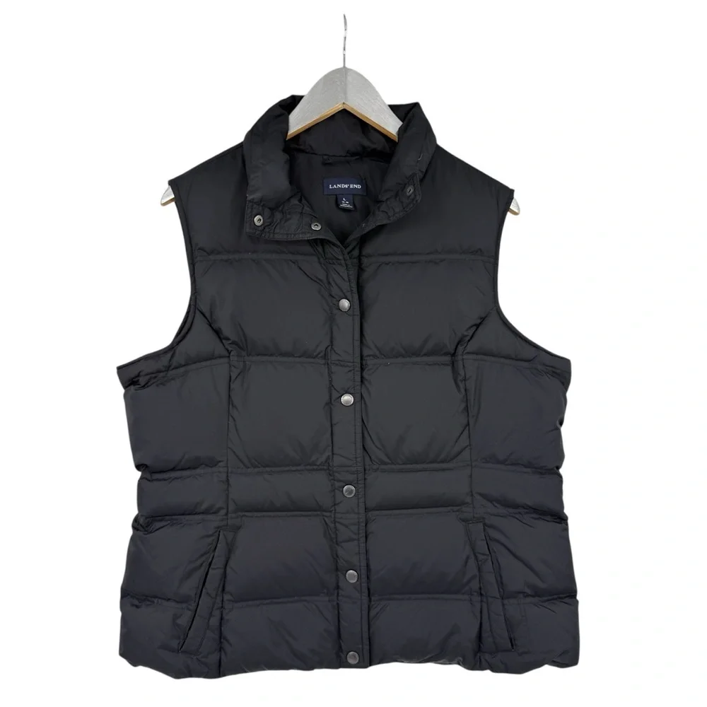 Lands End Womens Down Vest Size Large 14-16 Black Puffer Snap Outdoors - Picture 4 of 7